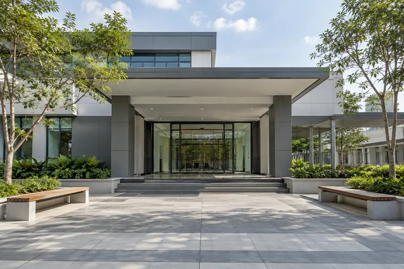 An empty contemporary building entrance with benches.