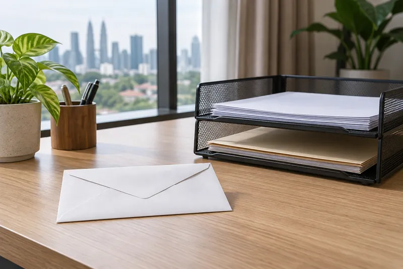 A sealed envelope beside an organized correspondence tray.