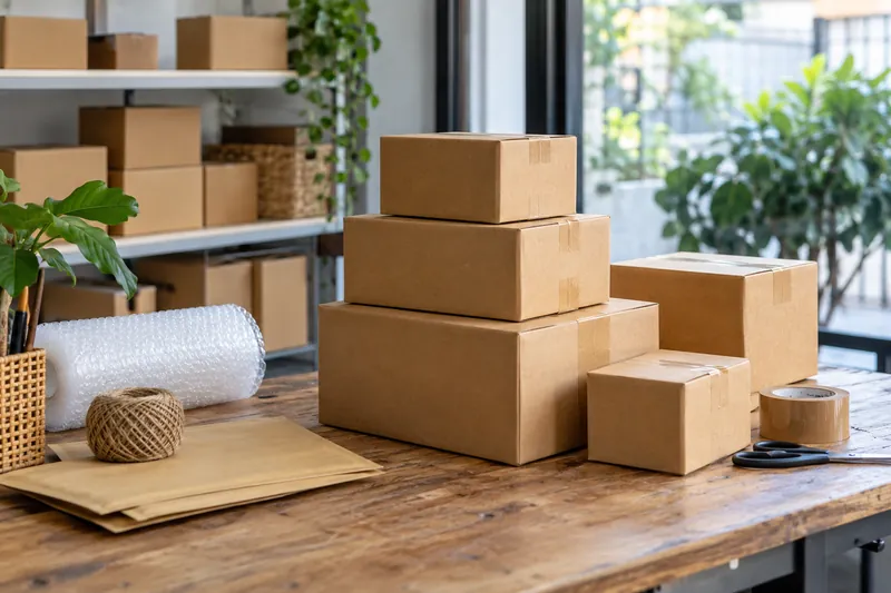 Plain stock parcels arranged on a shop packing table.