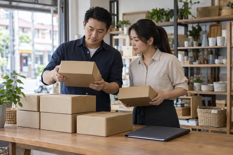 Two adults checking parcels beside a closed accounts folder.