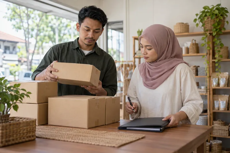 Dua orang dewasa memeriksa kotak stok kosong di sisi fail tertutup.