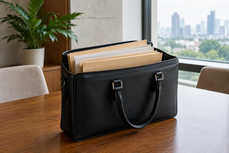 Plain document folders organized inside a personal bag.