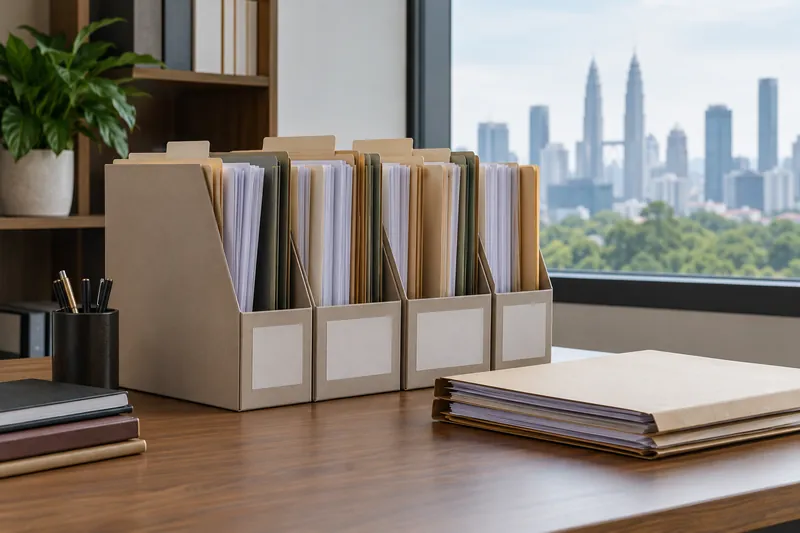 Evidence folders with divider tabs and neatly arranged papers.