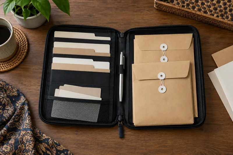 An open document organizer with blank dividers and envelopes.