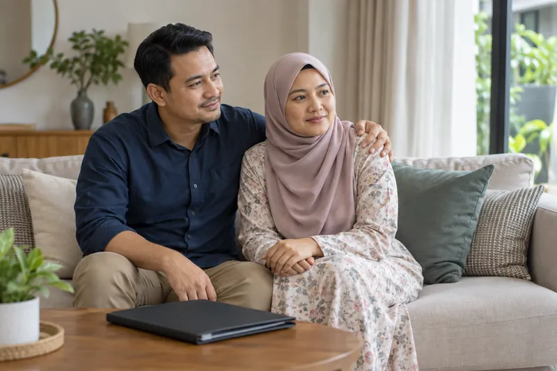 Dua orang dewasa duduk bersama di sofa dengan fail tertutup berdekatan.