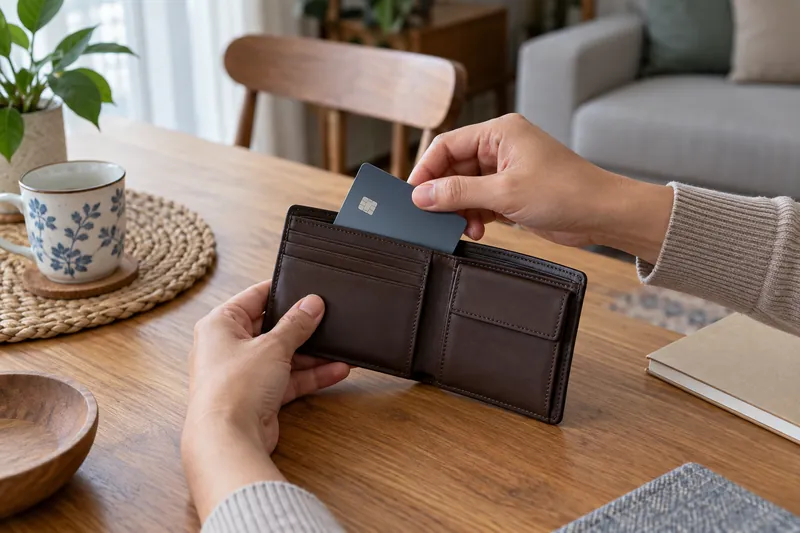 Hands placing an unmarked payment card into a wallet.