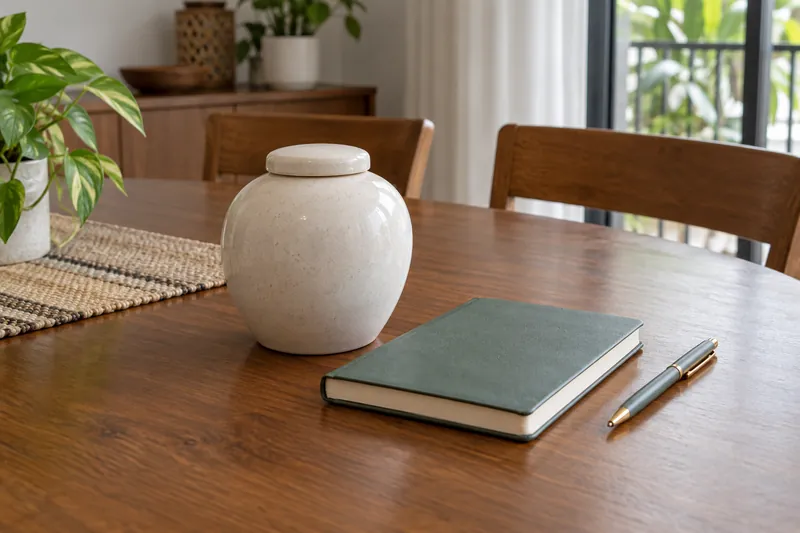 An unmarked ceramic container beside a closed notebook and pen.