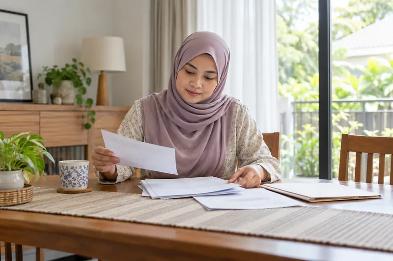 Seorang dewasa menyusun dokumen bank di meja rumah.
