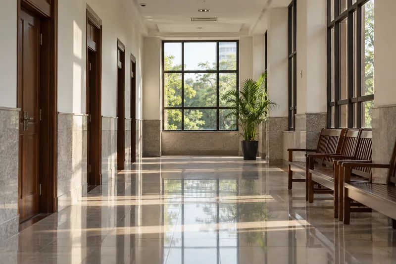 A quiet corridor with wooden doors and seating.