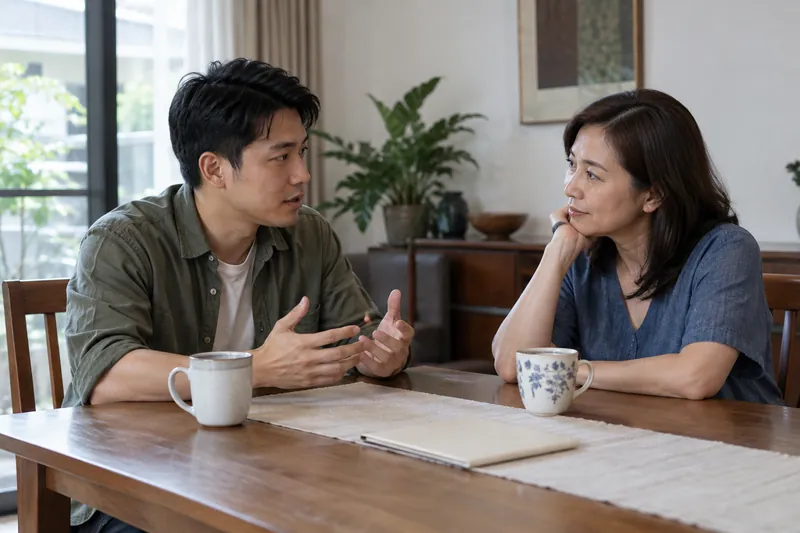 Two adults discussing matters calmly at a home table.