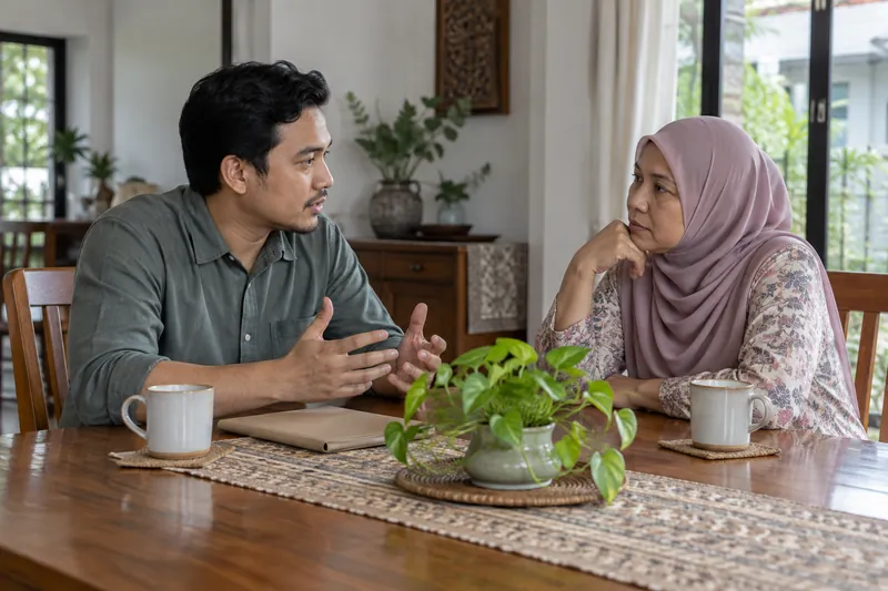 Dua orang dewasa berbual di sisi buku nota tertutup di rumah.