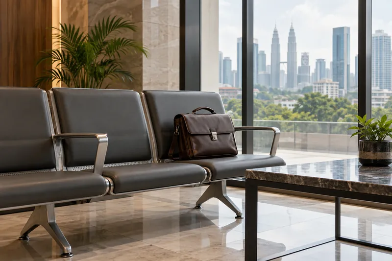 A closed personal bag on an empty waiting-room chair.