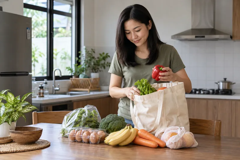 一位成年人在家中桌旁整理食品。