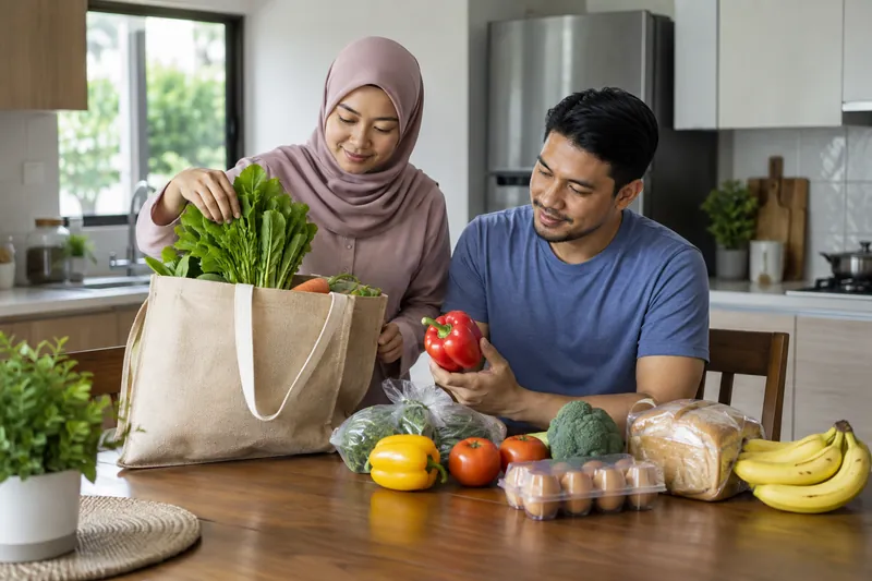 Dua orang dewasa menyusun barangan dapur segar di meja dapur.
