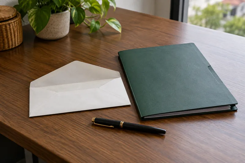 An opened envelope beside a closed green folder and pen.