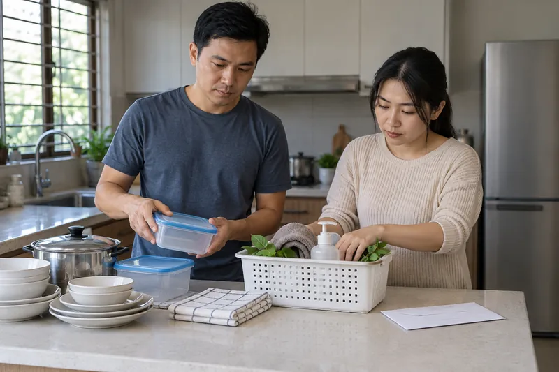 Two adults organizing household essentials and a closed envelope.