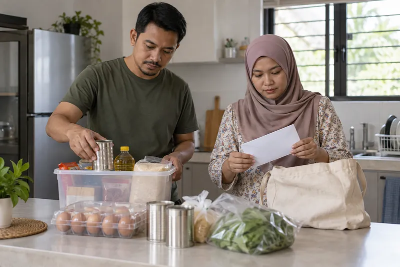 Dua orang dewasa menyusun barangan dapur di sisi sampul surat tertutup.